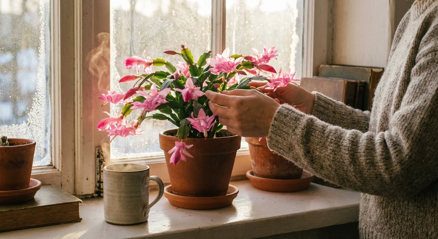 Close-up of hands caring for a blooming Christmas cactus in a warm, sunlit home during the winter season.