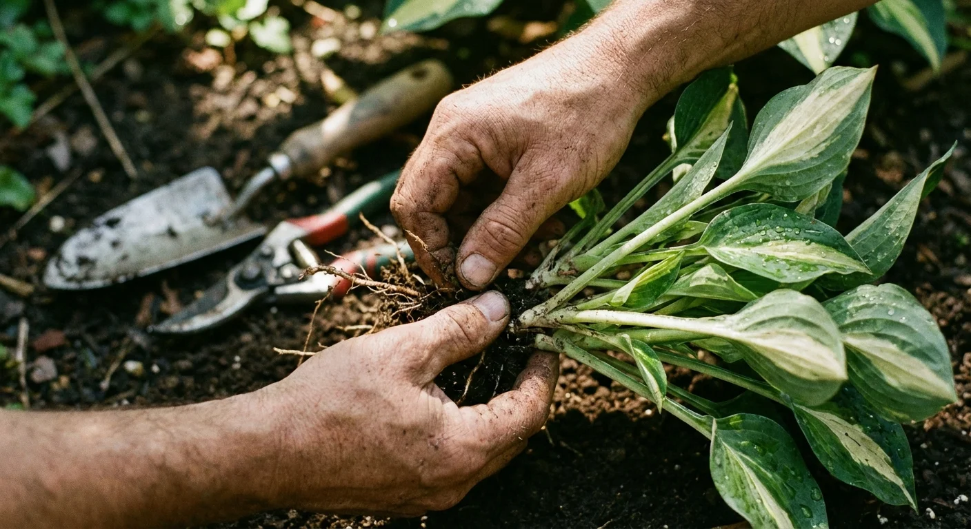 Close-up of hands checking plant leaves and soil in a garden.