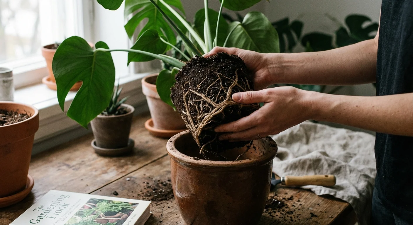 Close-up of hands checking the roots of a houseplant over dark soil.