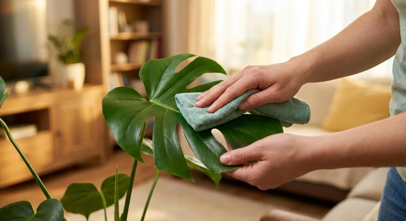 Close-up of hands cleaning a large green leaf of a healthy houseplant.
