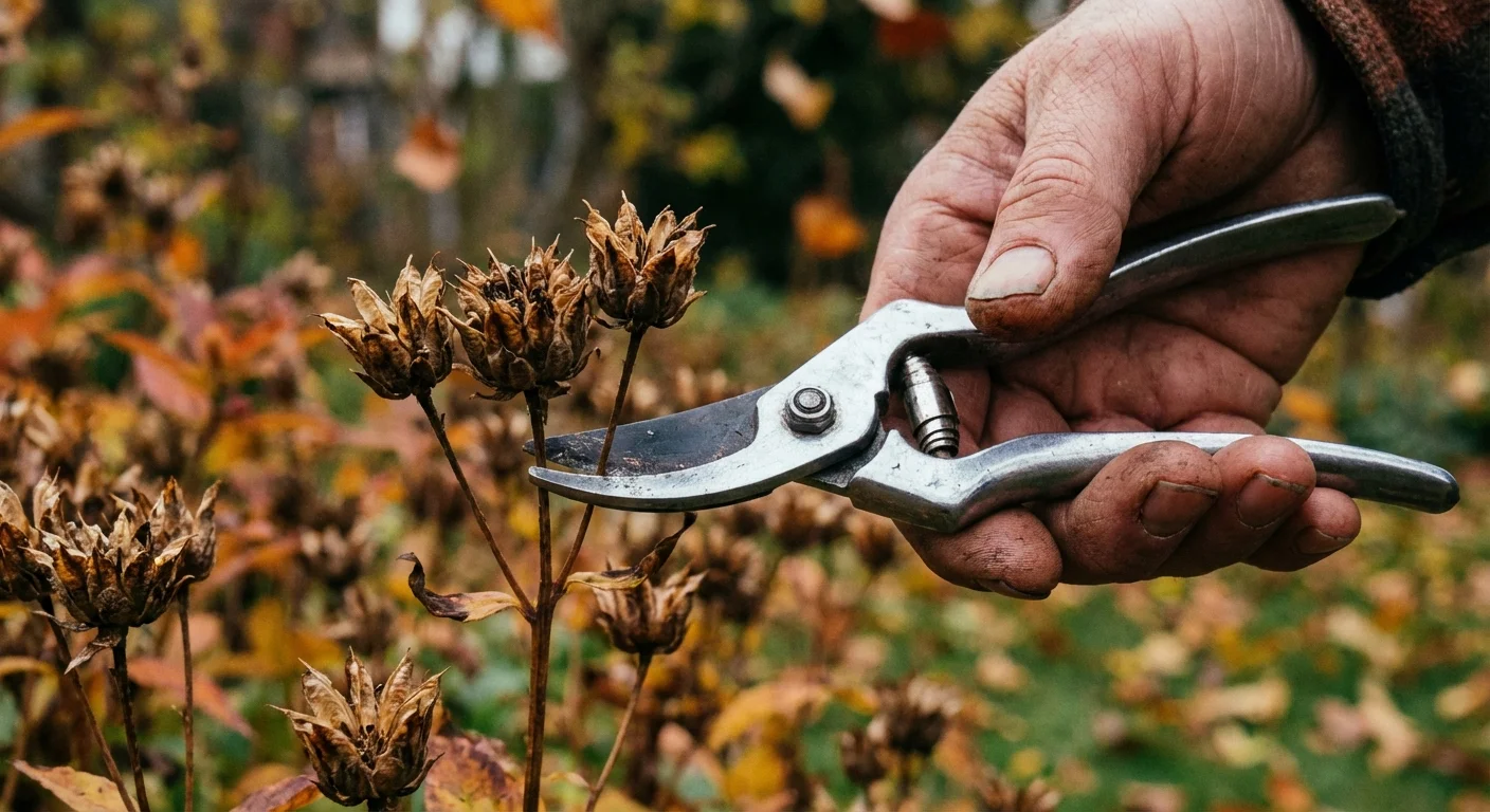Close-up of hands clipping dried flower seed heads to prevent spreading.