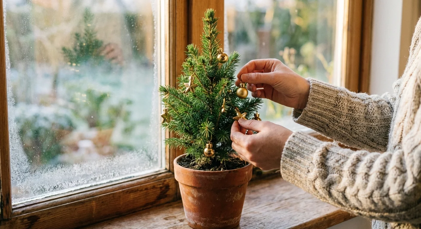 Close-up of hands decorating a tiny potted spruce tree with gold ornaments on a windowsill.