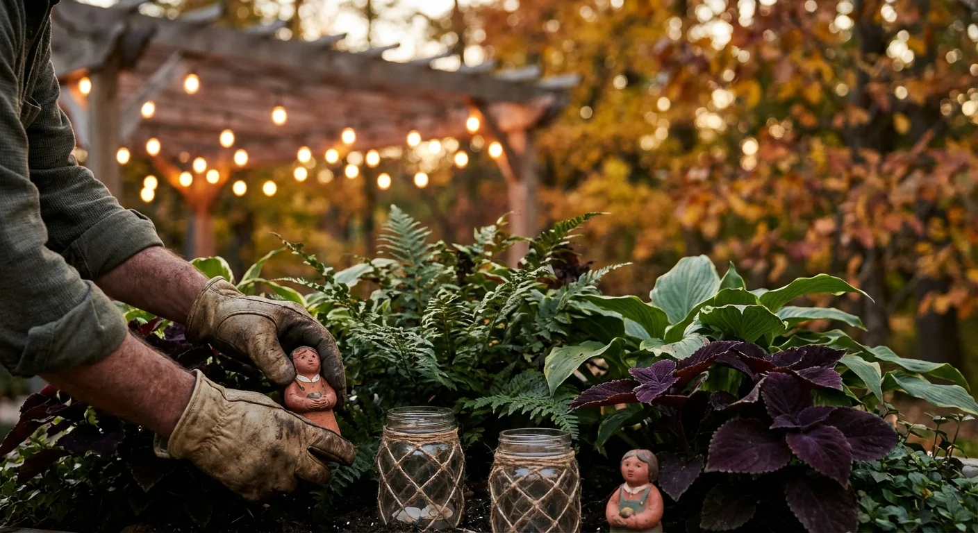 Close-up of hands decorating garden plants for Halloween with a warm twilight glow.