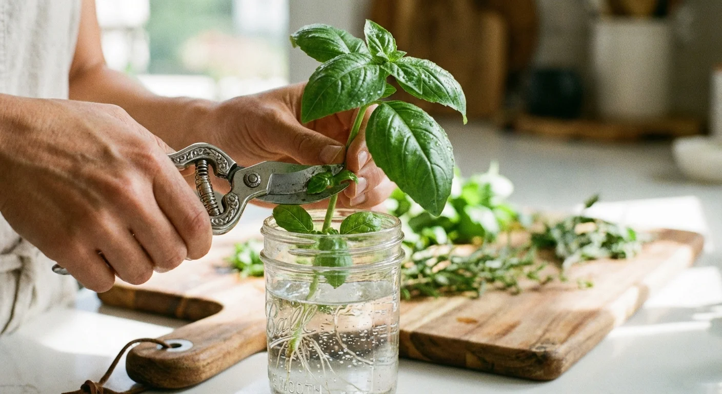 Close-up of hands harvesting fresh basil from a water-filled glass jar in a bright kitchen.