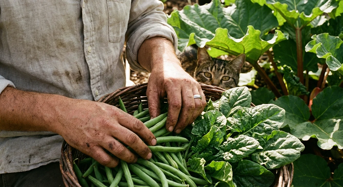 Close-up of hands harvesting garden vegetables with a curious cat in the background.