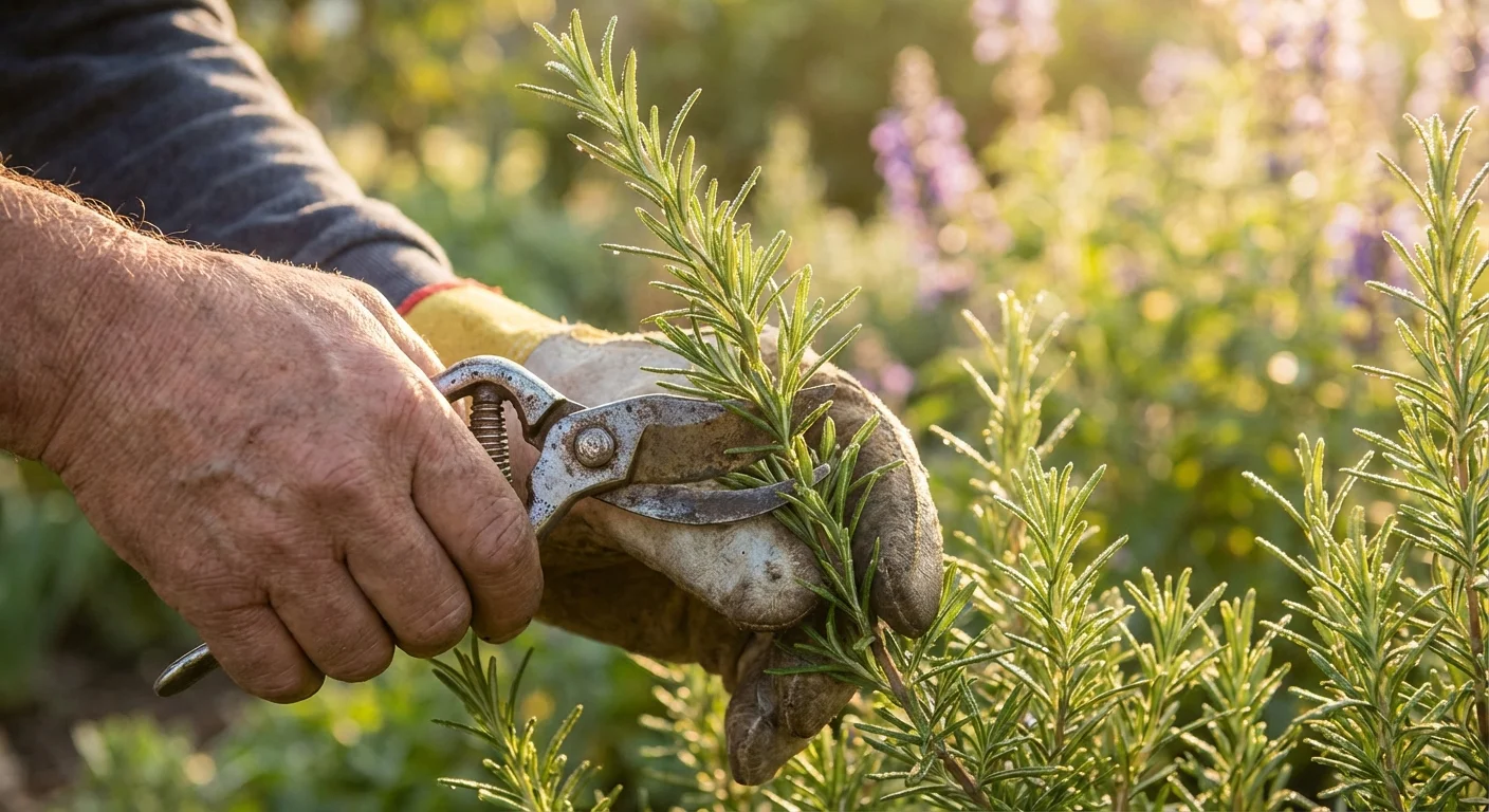 Close-up of hands harvesting rosemary with shears in a sunny garden.