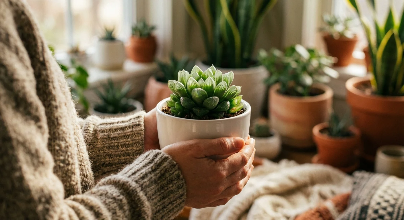 Close-up of hands holding a small potted succulent in a bright indoor setting.