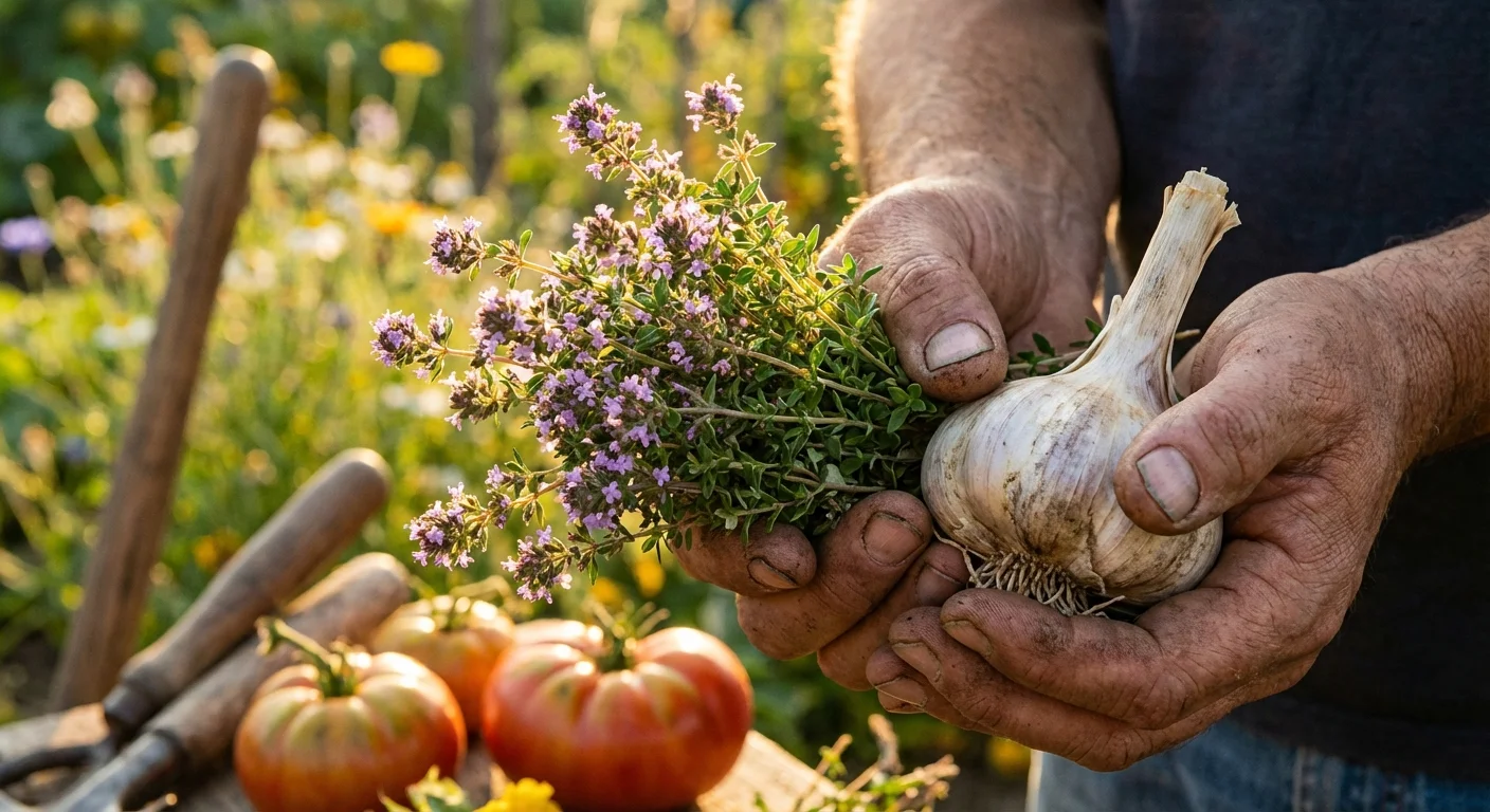 Close-up of hands holding fresh thyme and garlic bulbs against a soft-focus garden background.