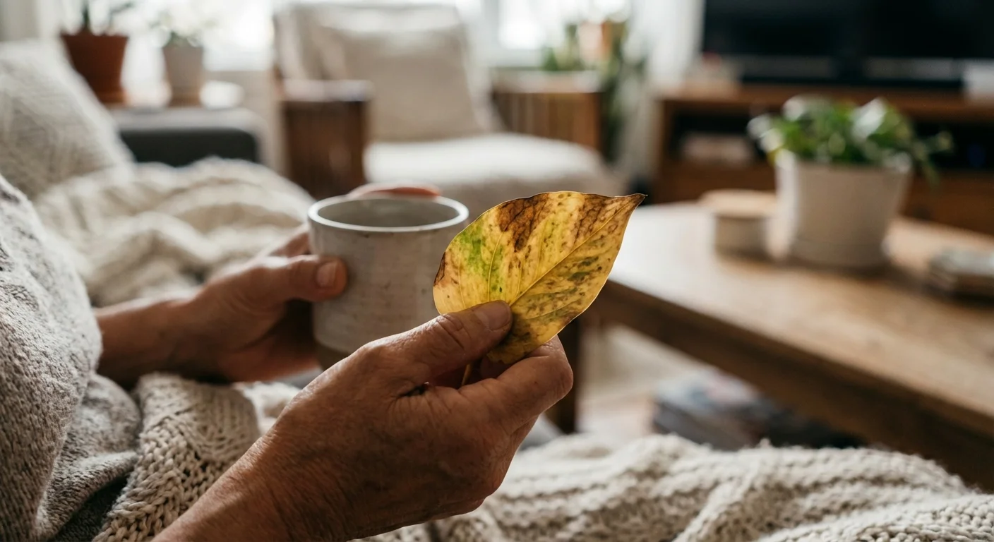 Close-up of hands inspecting a yellowing houseplant leaf in a cozy home setting.