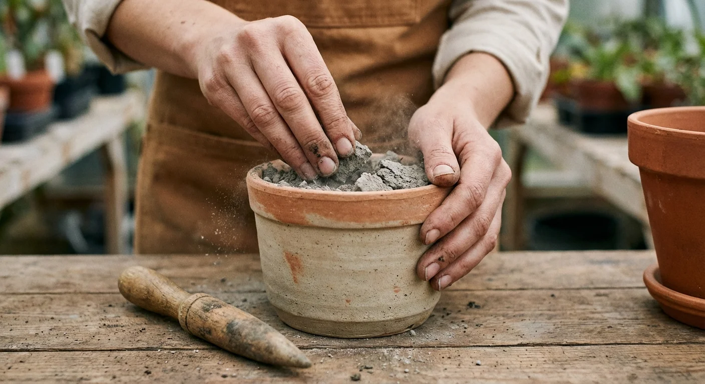 Close-up of hands inspecting dry, dense soil in a houseplant pot.
