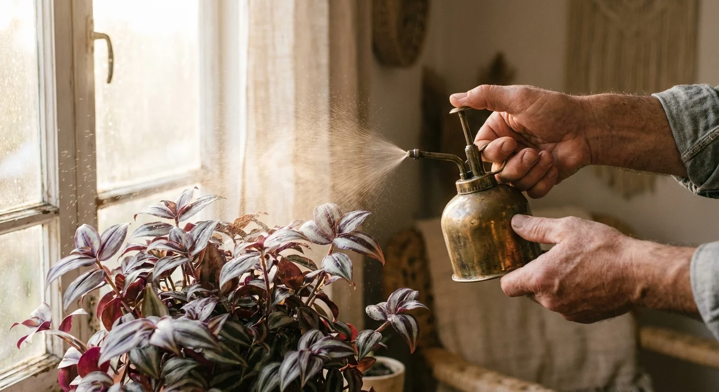 Close-up of hands misting a purple-striped Inch plant with a brass spray bottle in soft light.