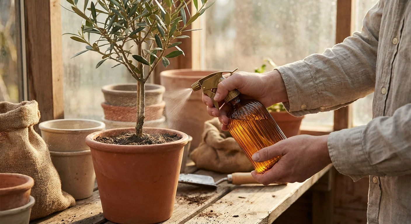 Close-up of hands misting plant soil with a glass spray bottle on a wooden table.