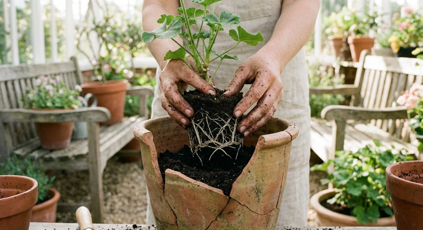 Close-up of hands planting a rooted stem cutting into a small pot filled with soil.