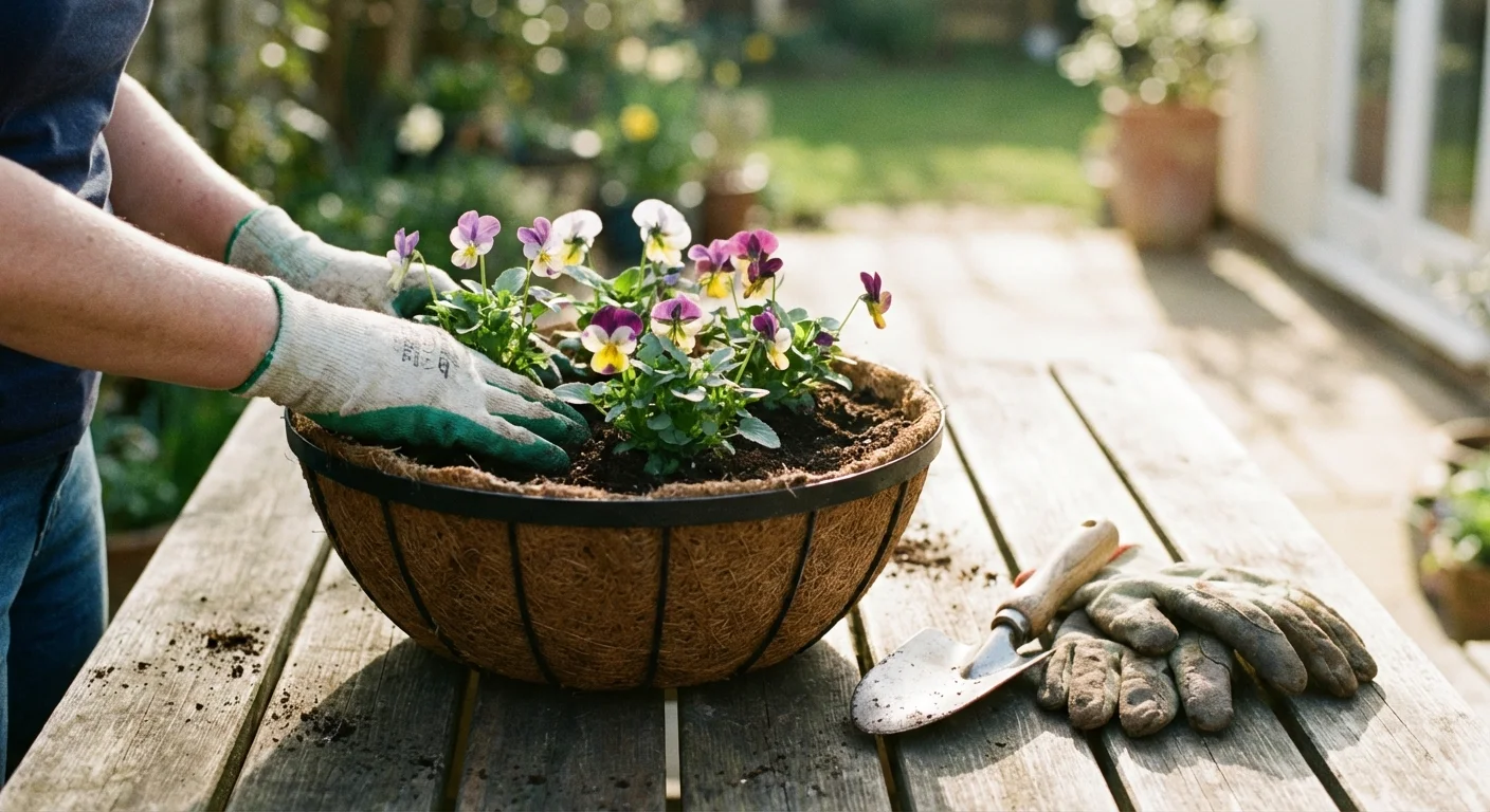 Close-up of hands planting colorful flowers into a hanging basket liner.