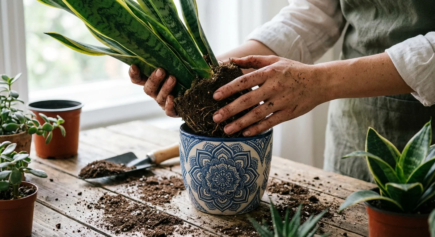 Close-up of hands repotting a green houseplant into a colorful ceramic pot on a wooden table.