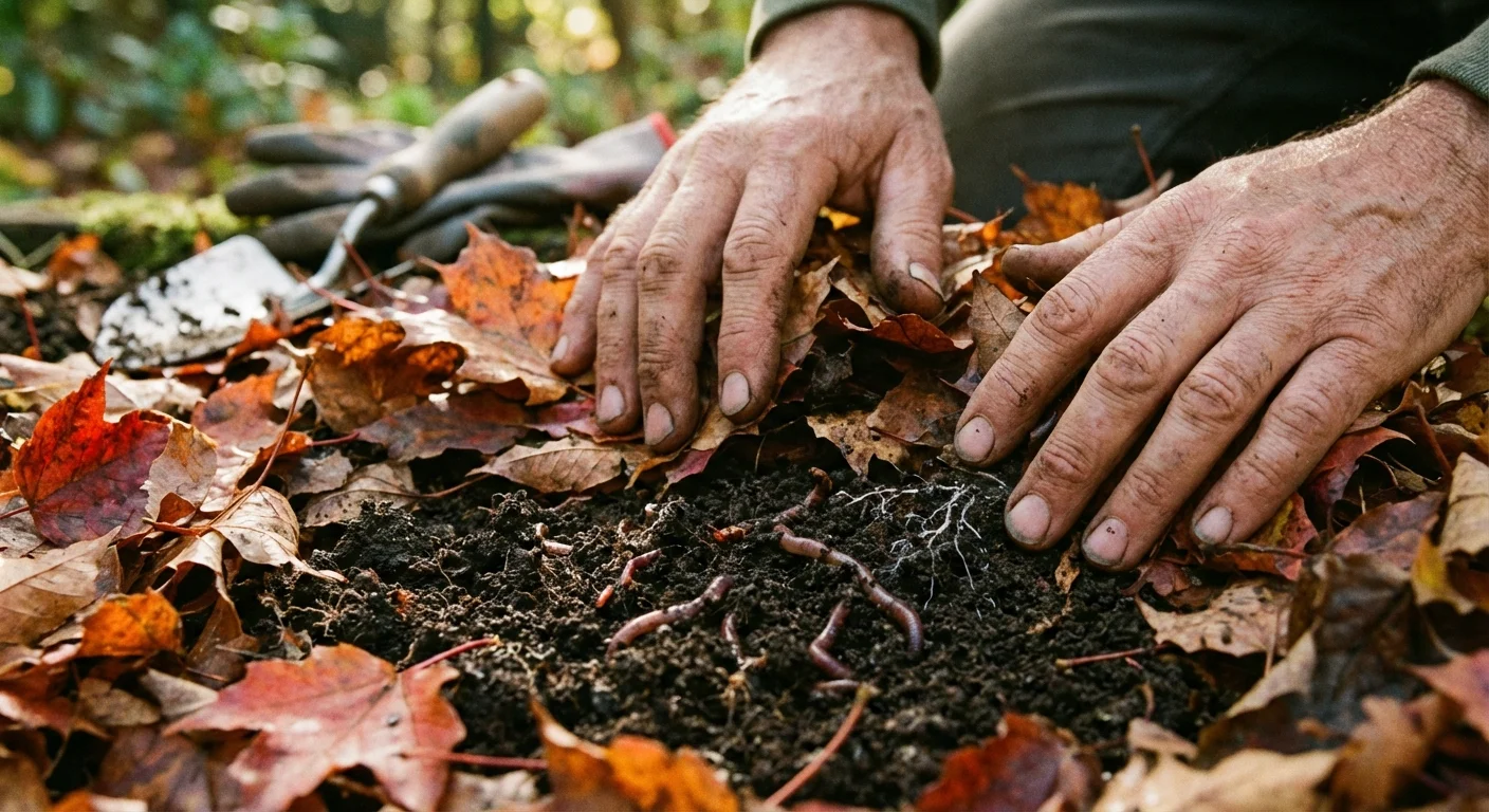 Close-up of hands revealing nutrient-rich dark soil hidden beneath a layer of fallen autumn leaves.