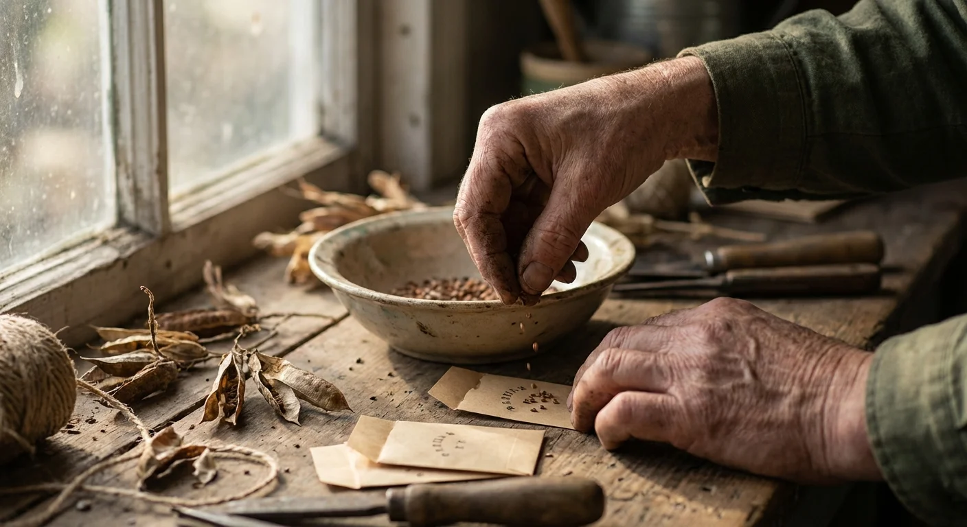 Close-up of hands sorting dried seeds into small paper envelopes on a wooden table.