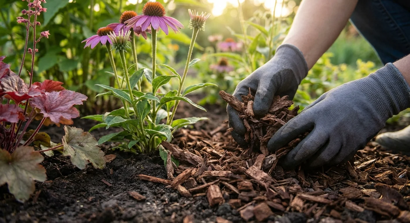 Close-up of hands spreading dark organic mulch around garden flowers to prevent grass growth.