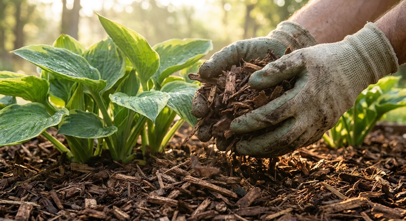 Close-up of hands spreading dark organic mulch around green garden plants.
