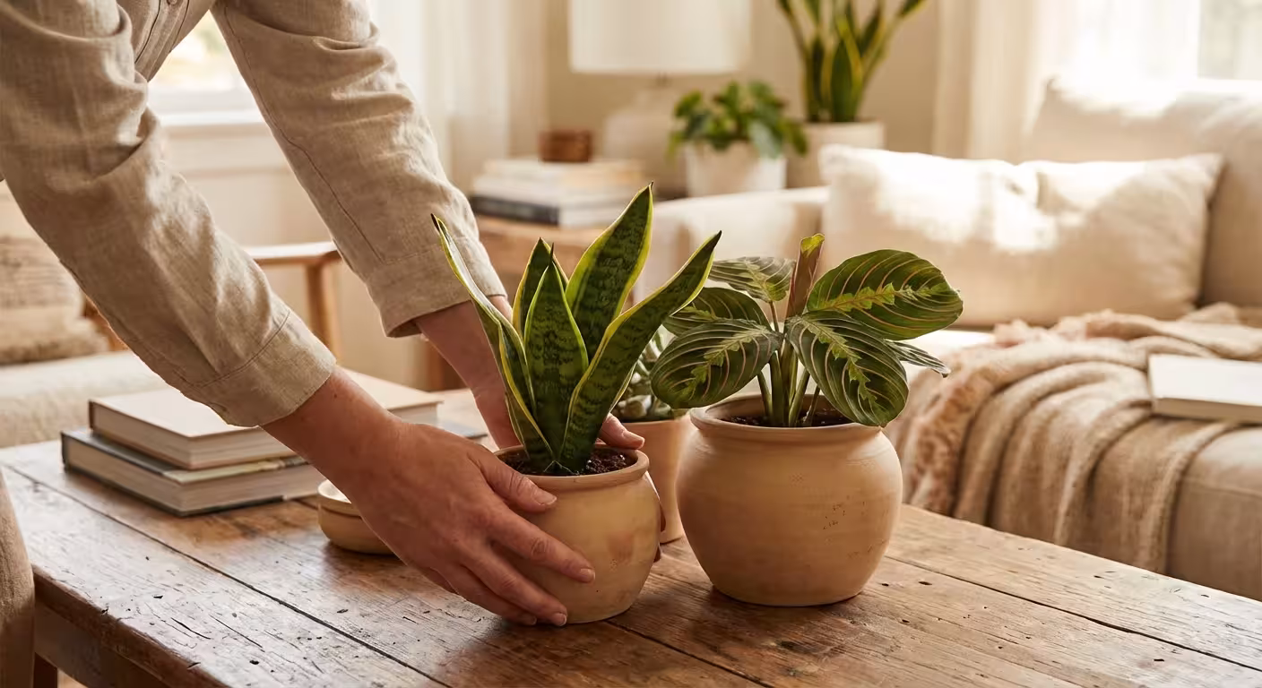 Close-up of hands tending to easy-to-grow indoor plants on a wooden table.