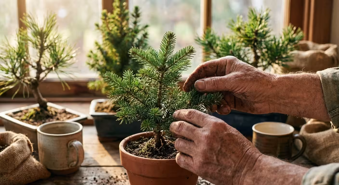 Close-up of hands touching the needles of different small potted evergreen trees on a wooden table.