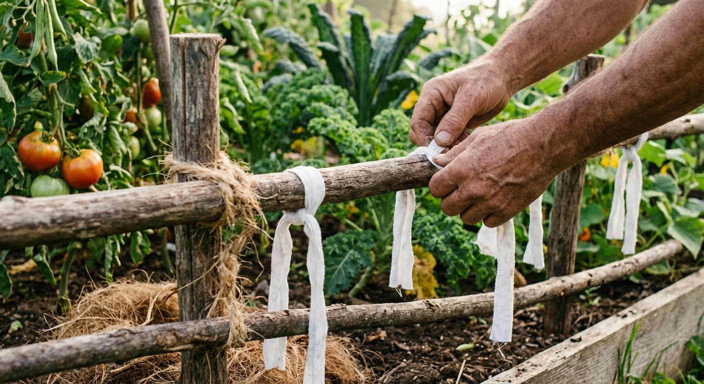 Close-up of hands tying white cloth strips to a garden fence to deter animals.