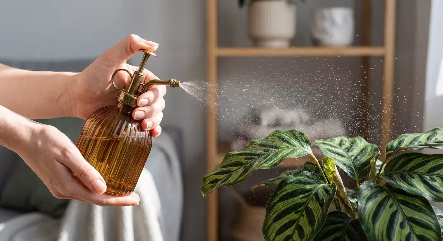 Close-up of hands using a glass spray bottle to mist a green houseplant with water droplets.