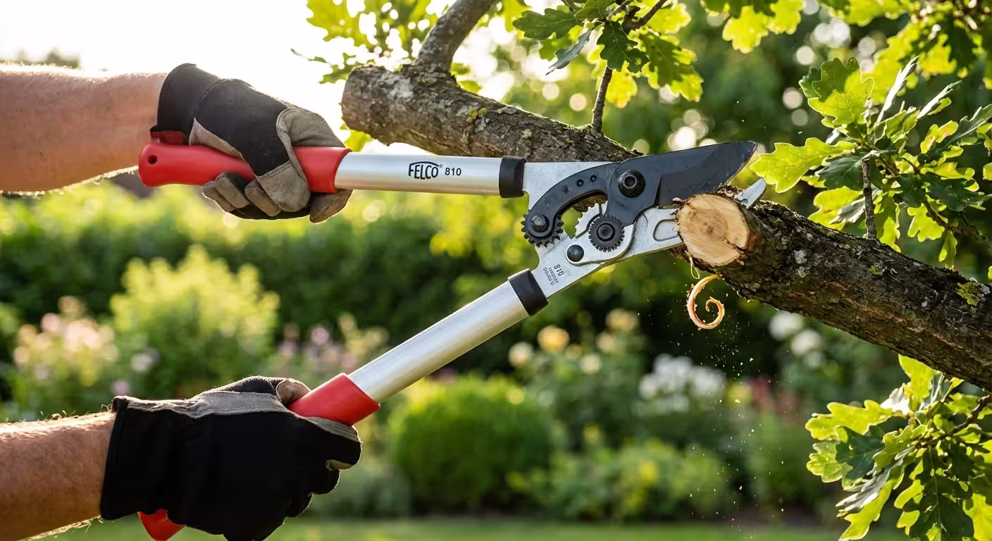 Close-up of hands using ratchet loppers to prune a tree branch.