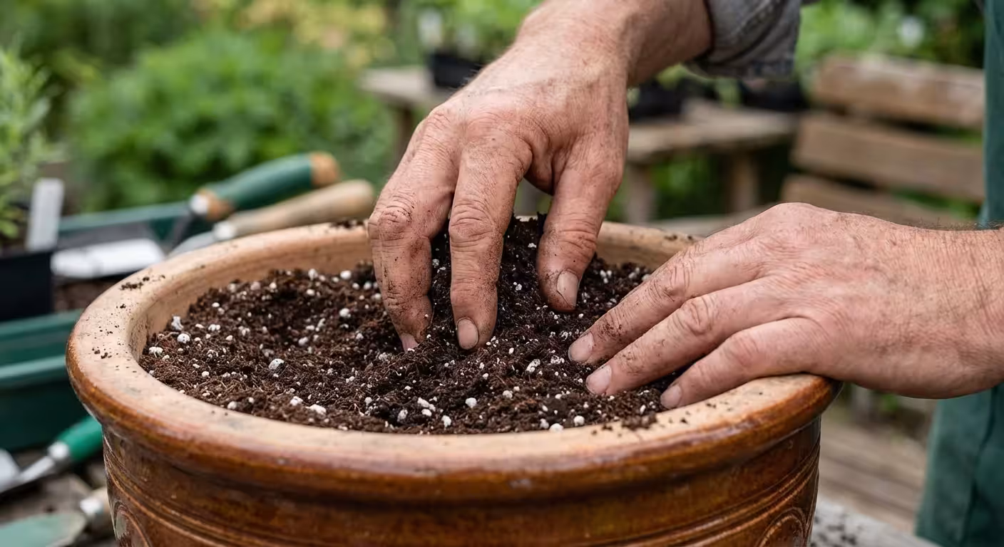 Close-up of hands working with lightweight potting soil in a garden setting.