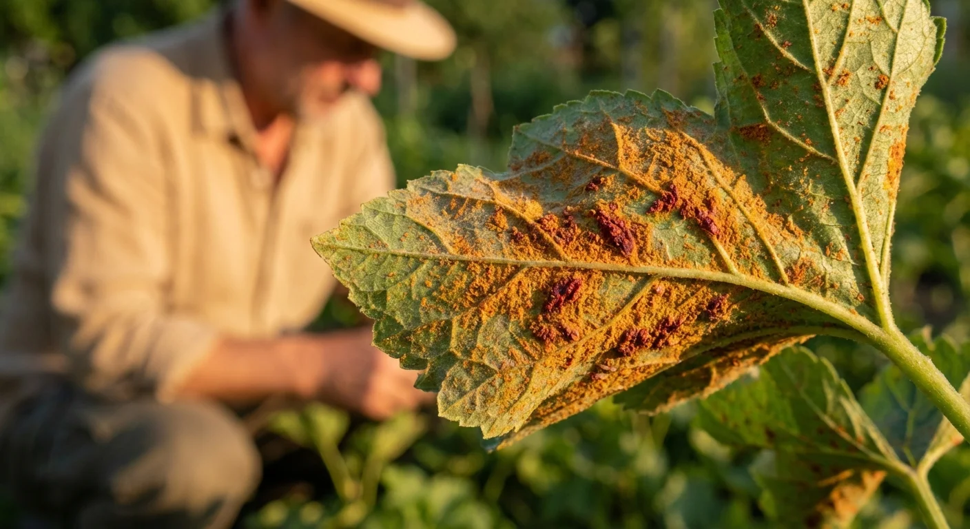 Close-up of orange fungal rust spots on the underside of a leaf.