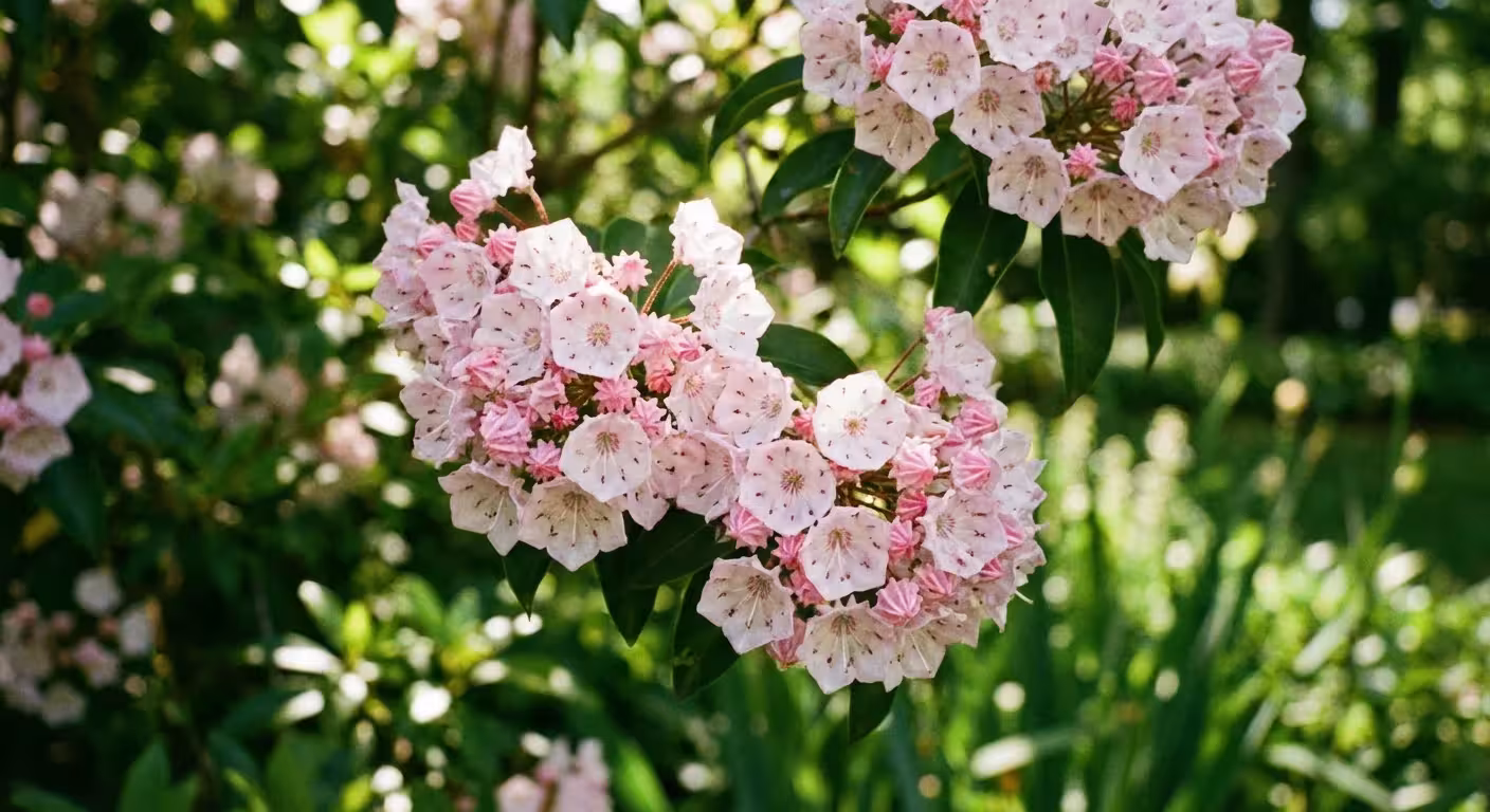 Close-up of pink and white Mountain Laurel flowers in a garden setting.