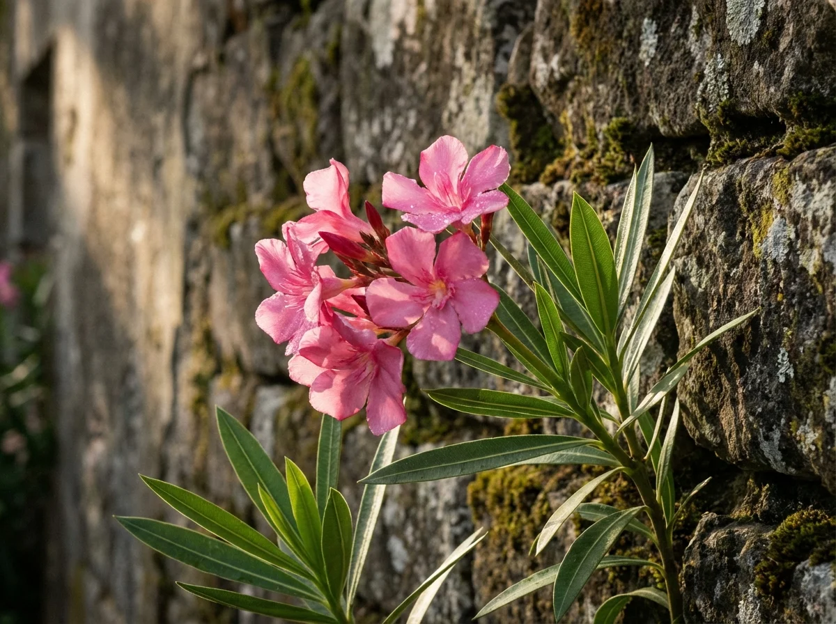 Close-up of pink Oleander flowers blooming against a rustic stone wall.