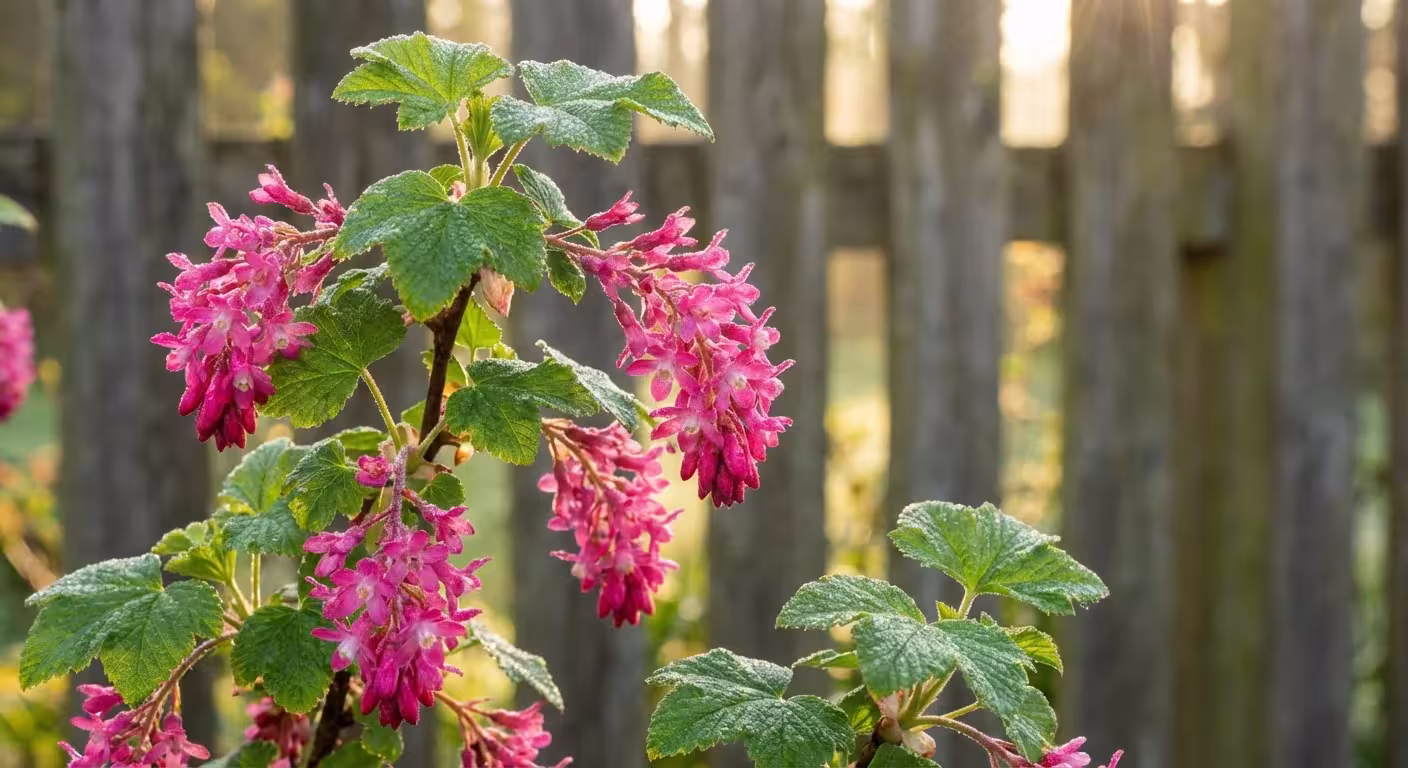 Close-up of pink Red-Flowering Currant blooms with green leaves.