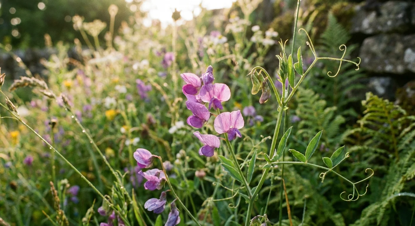 Close-up of purple vetch flowers blooming in a garden.