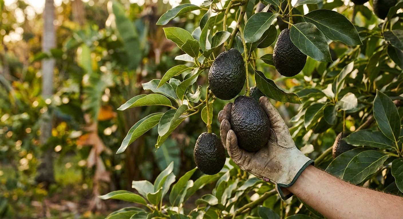 Close-up of textured Hass avocados hanging from a tree branch in a sunny garden.