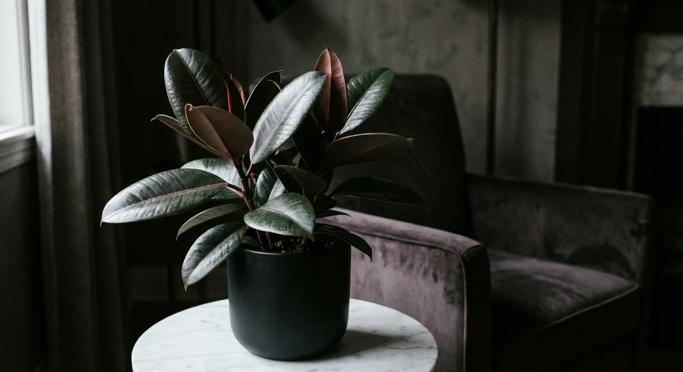 Close-up of the glossy, dark leaves of a rubber plant on a marble surface.