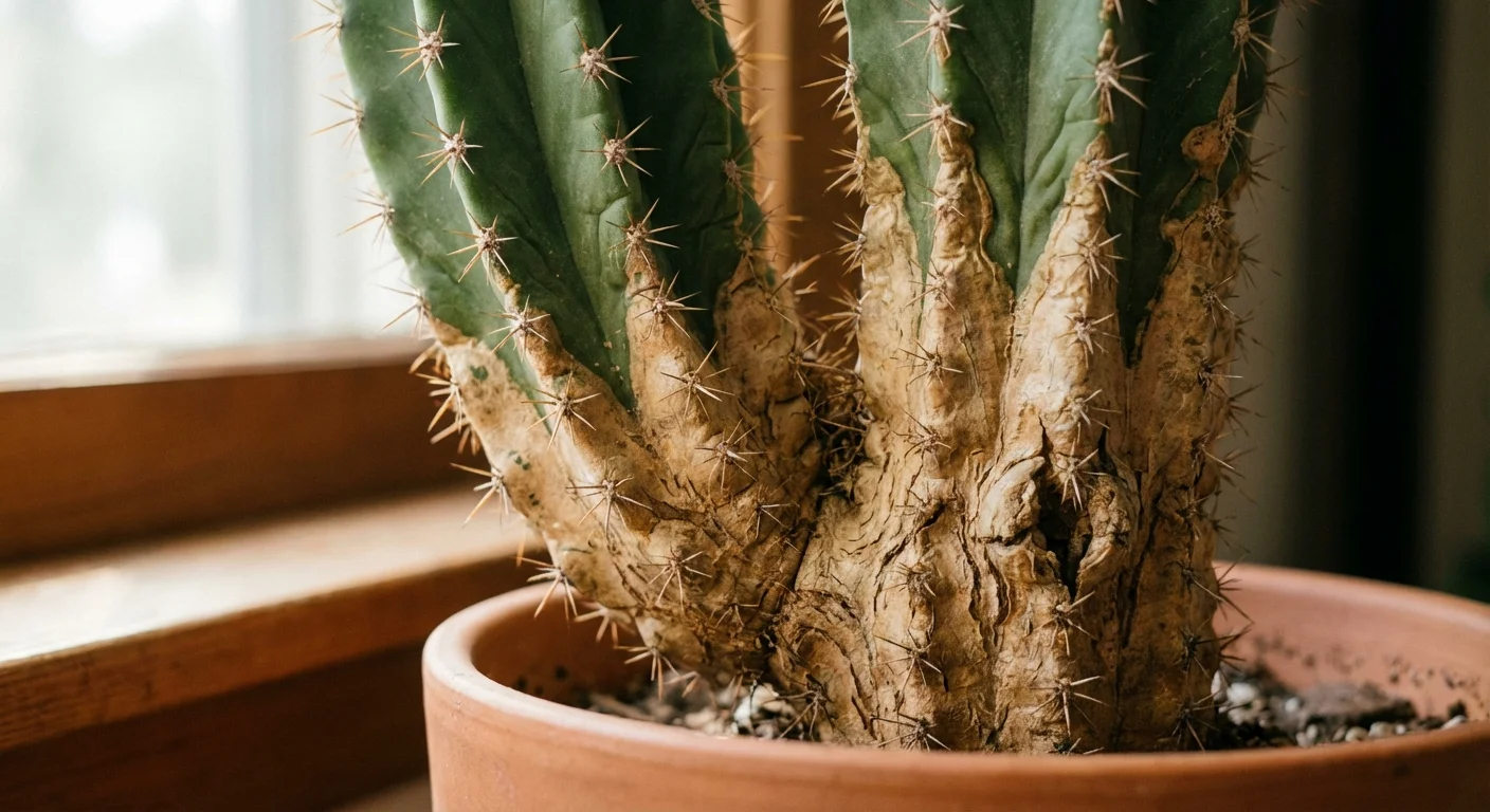 Close-up of the woody, tan-colored base of a mature, healthy cactus.