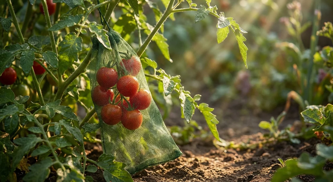 Close-up of tomatoes covered in green mesh fabric for camouflage.
