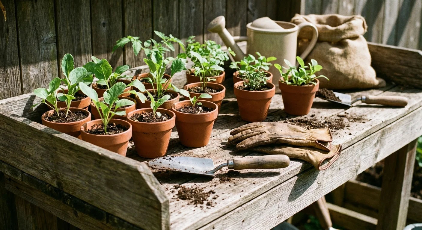 Close-up of vegetable seedlings in terracotta pots on a wooden garden bench with gardening tools.