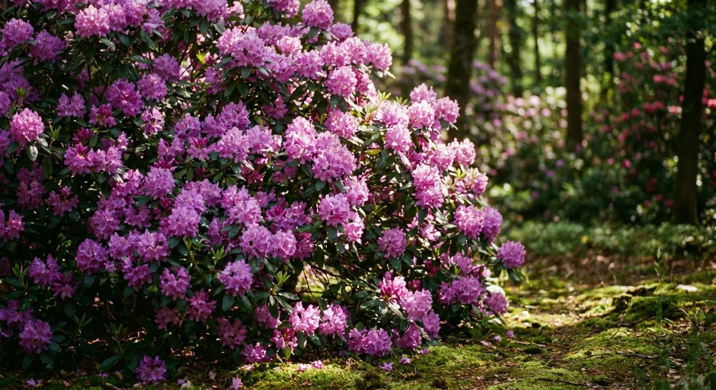 Close-up of vibrant purple and pink Rhododendron blooms in a woodland garden.