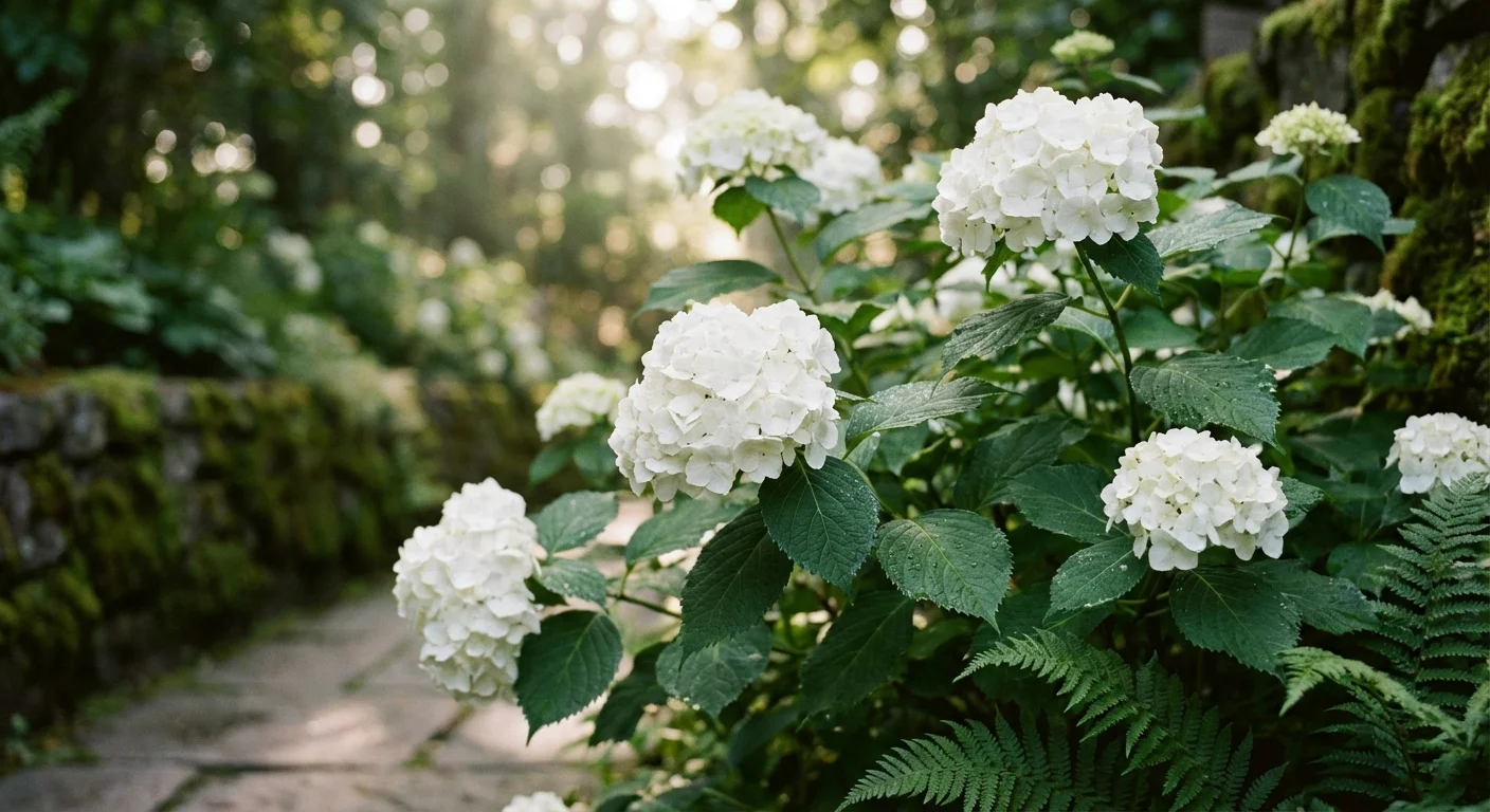 Close-up of white hydrangea flowers blooming in a shady garden spot.