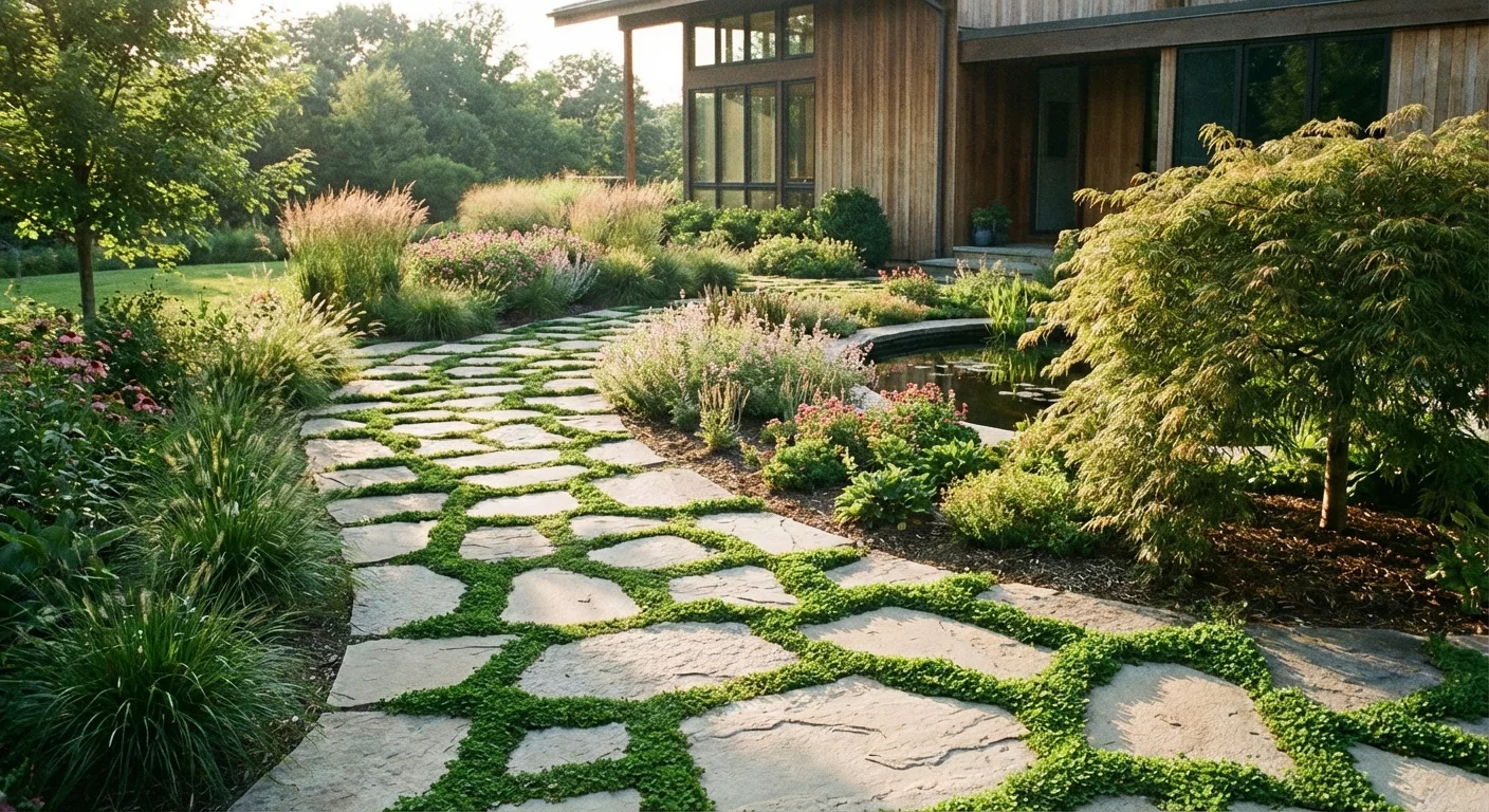 Clover growing between stone pavers in a modern garden path.