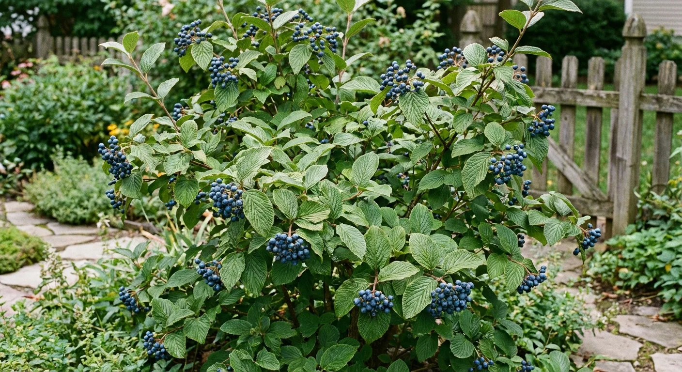 Clusters of blue berries on an Arrowwood viburnum shrub.