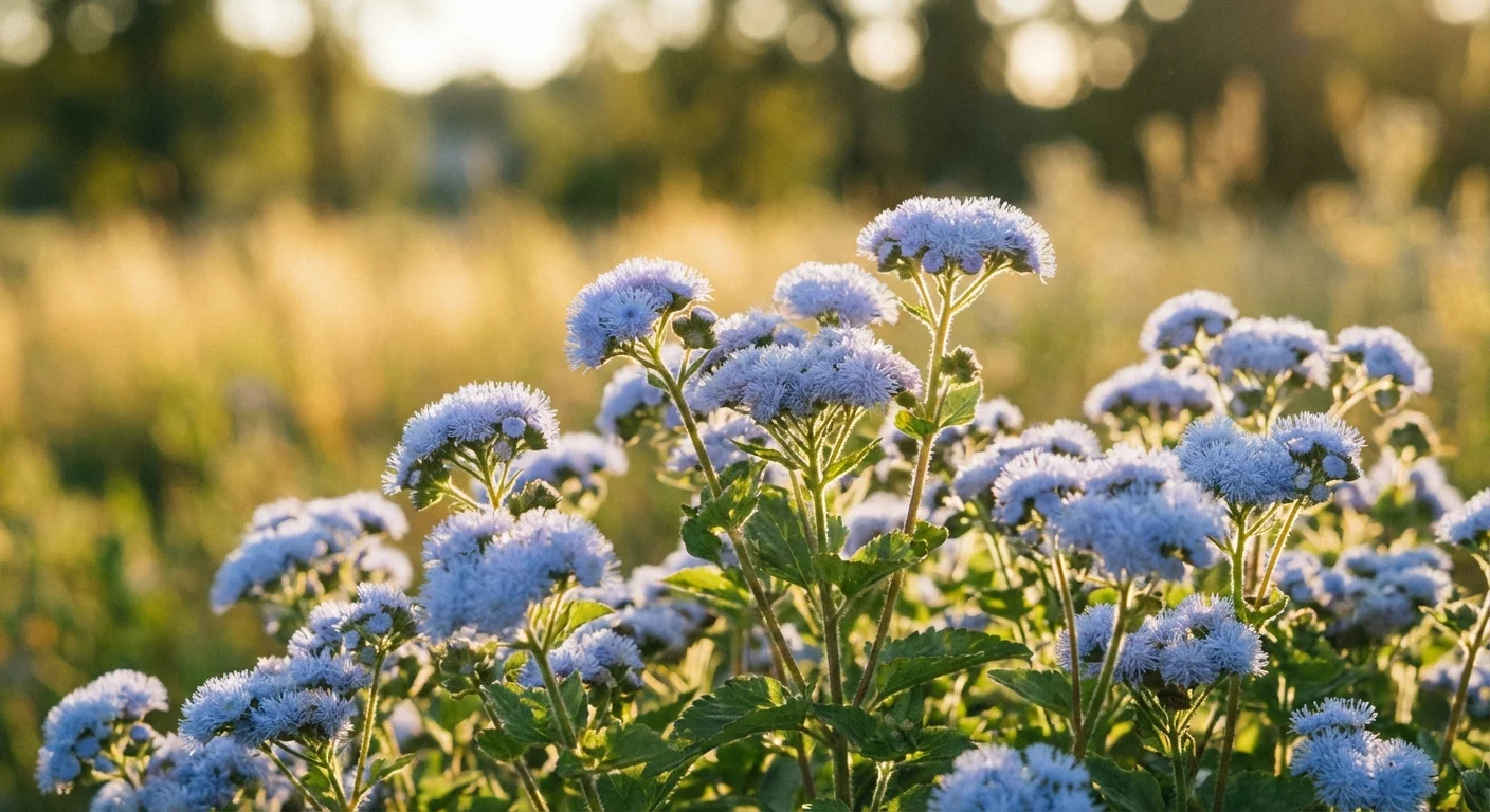 Clusters of blue floss flowers blooming in the bright sun.