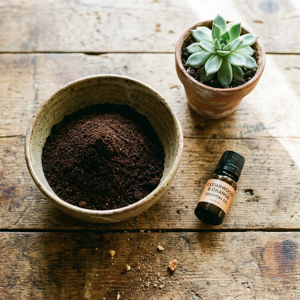 Coffee grounds and an essential oil bottle arranged neatly on a wooden surface.