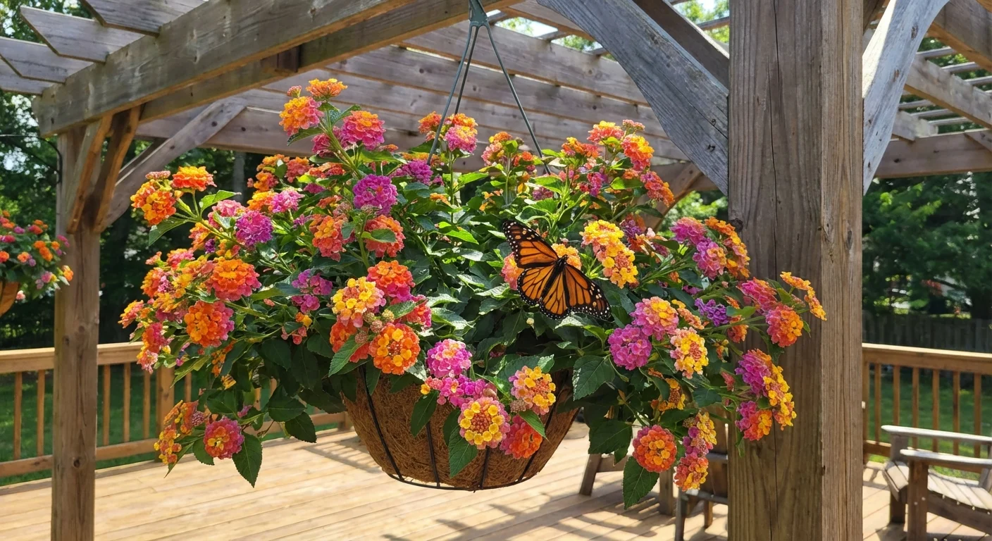 Colorful Lantana flowers in a hanging basket on a sunny deck.