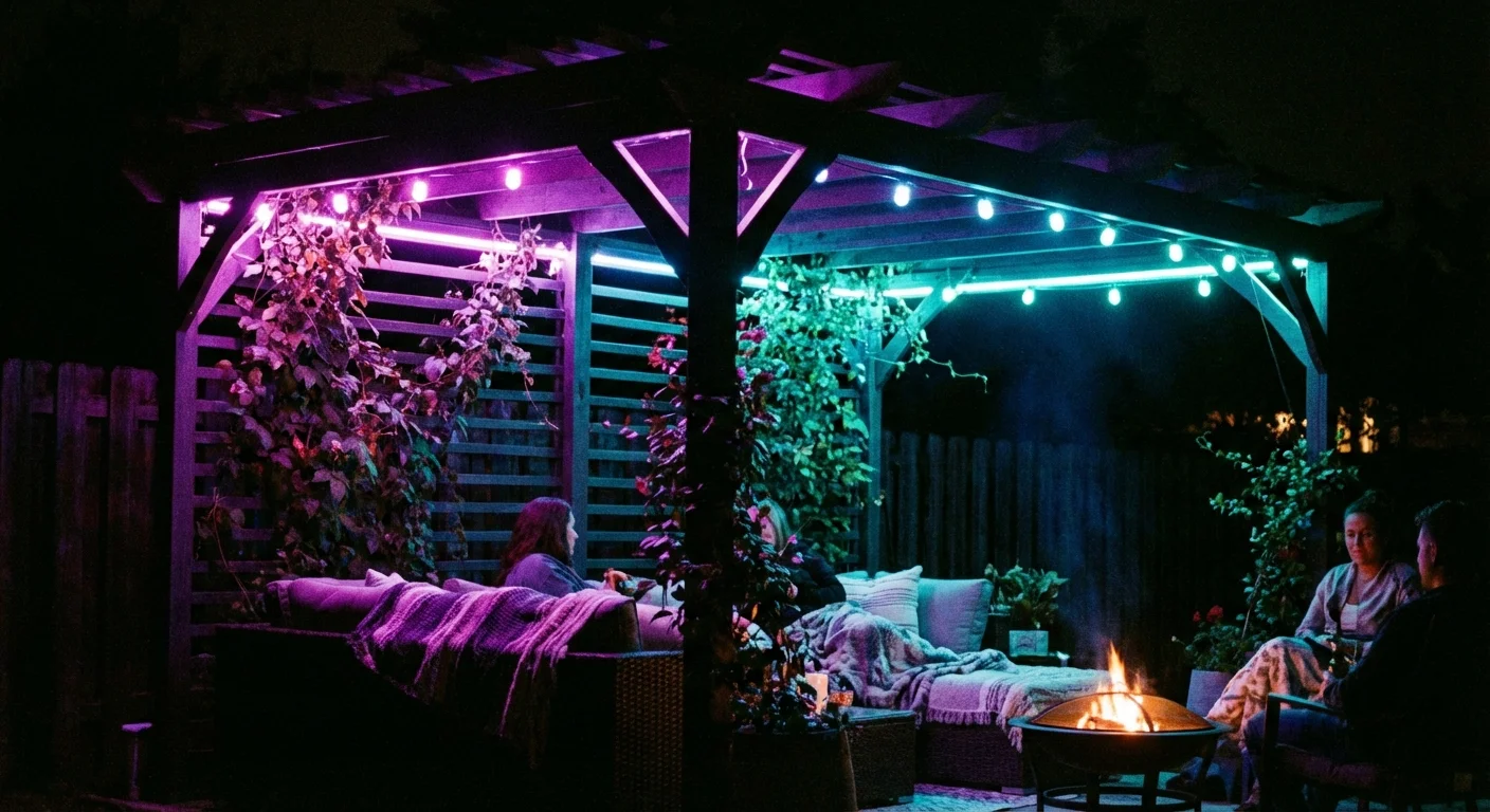 Colorful purple and teal smart lights decorating a garden pergola.