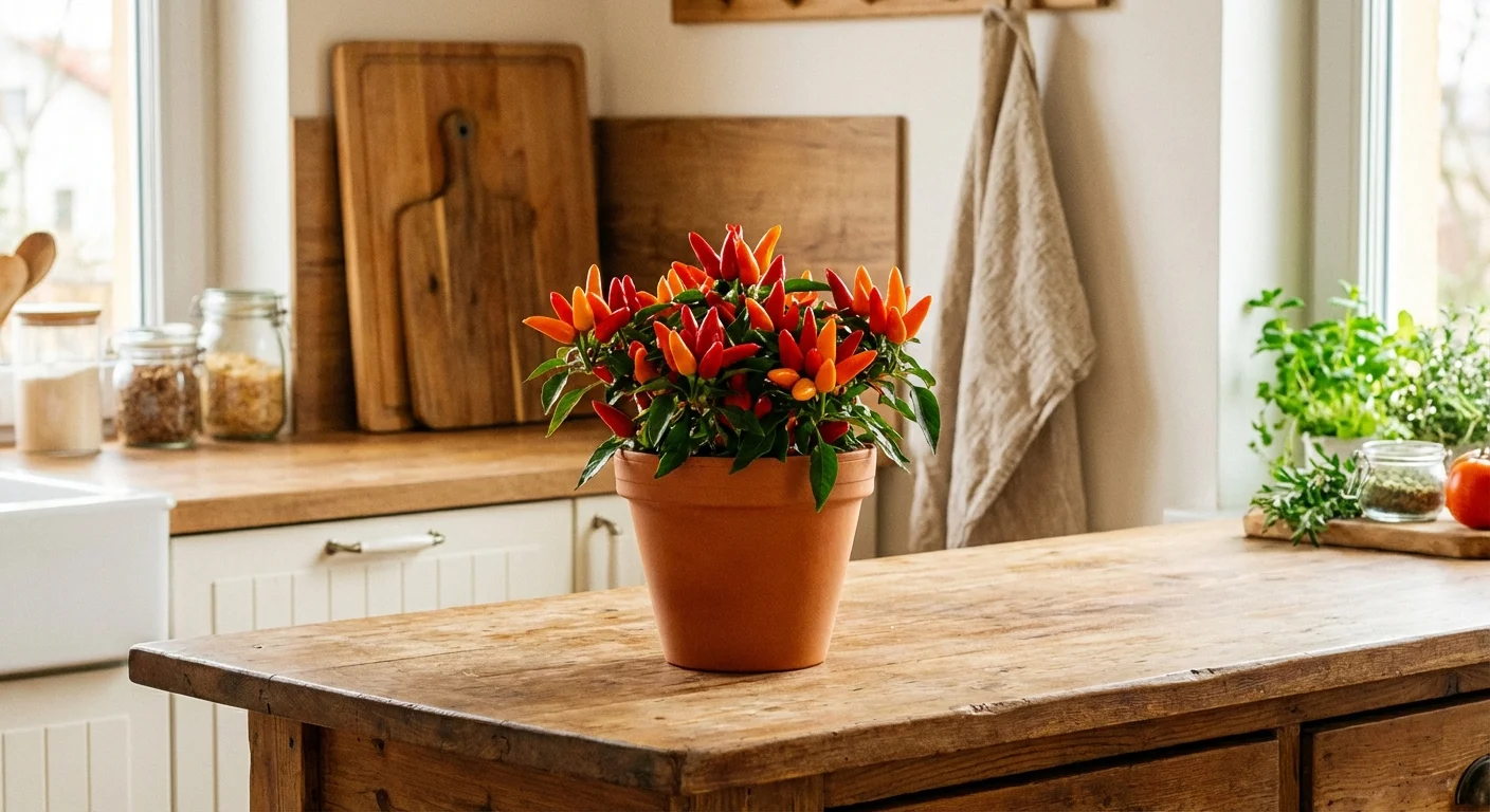 Colorful red and yellow ornamental peppers in a terracotta pot on a bright kitchen counter.