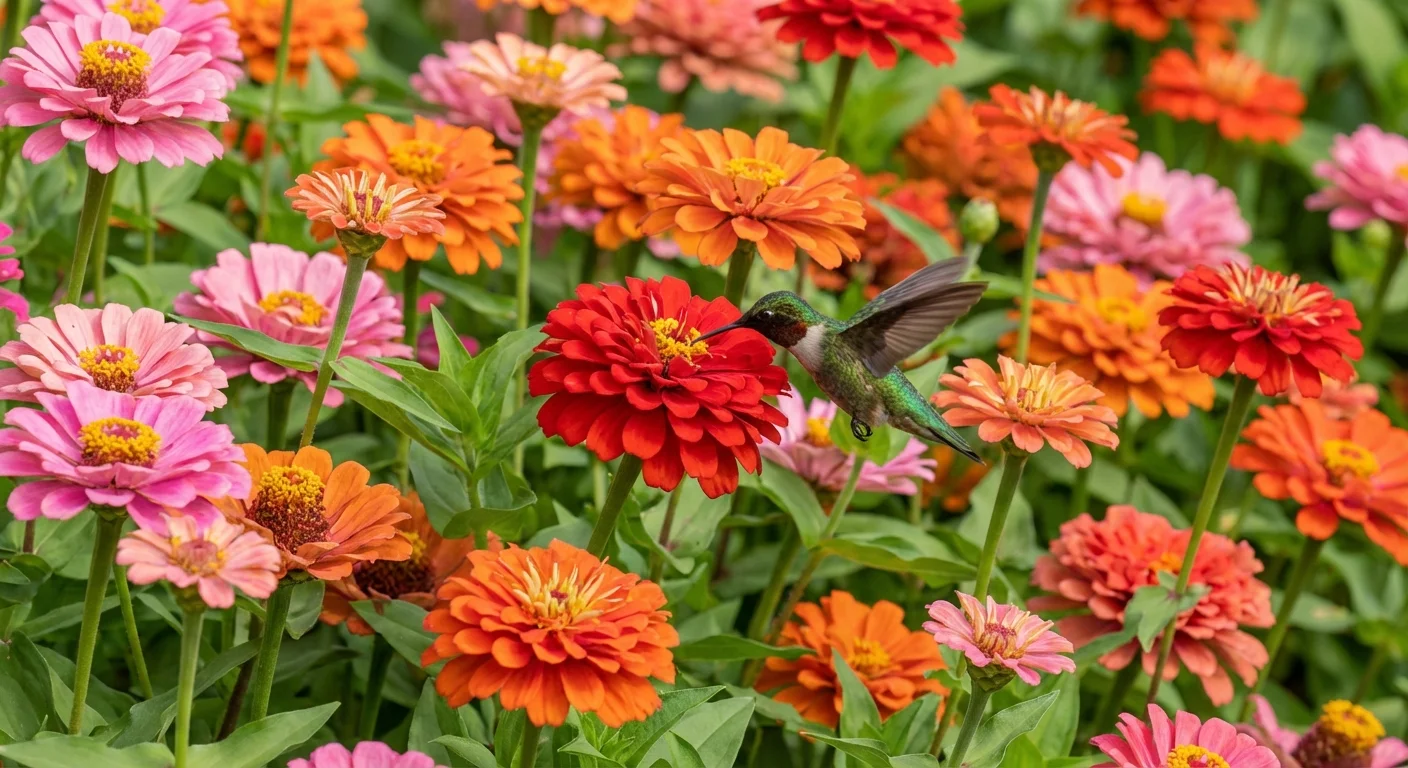 Colorful zinnias with a hummingbird hovering nearby.
