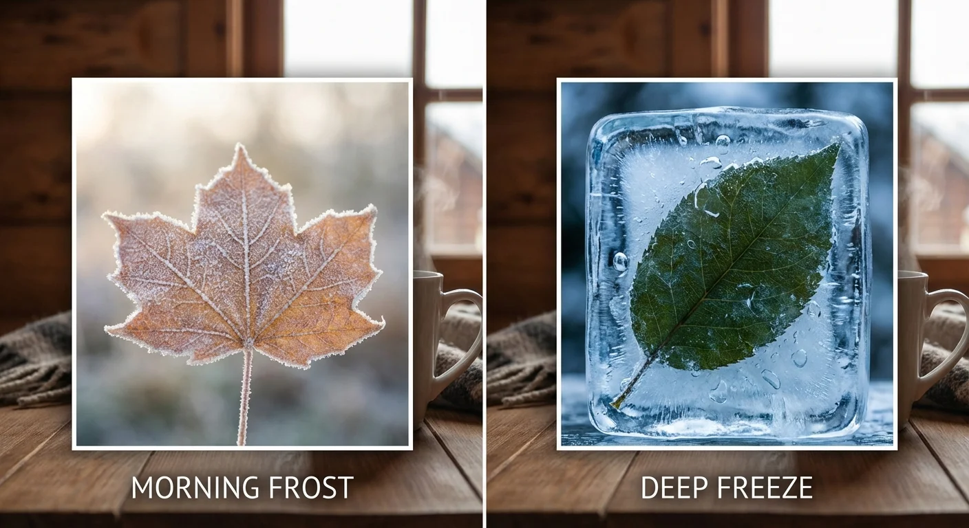 Comparison between light frost and a heavy freeze on foliage.